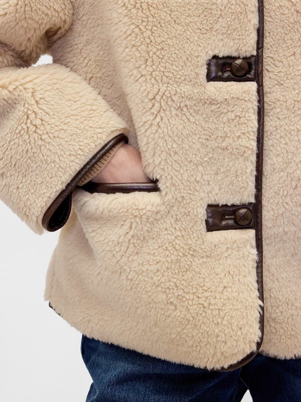 NWT Gap Cream Sherpa & Faux Brown Leather Oversized Jacket Coat Size XS Vegan - Picture 12 of 12